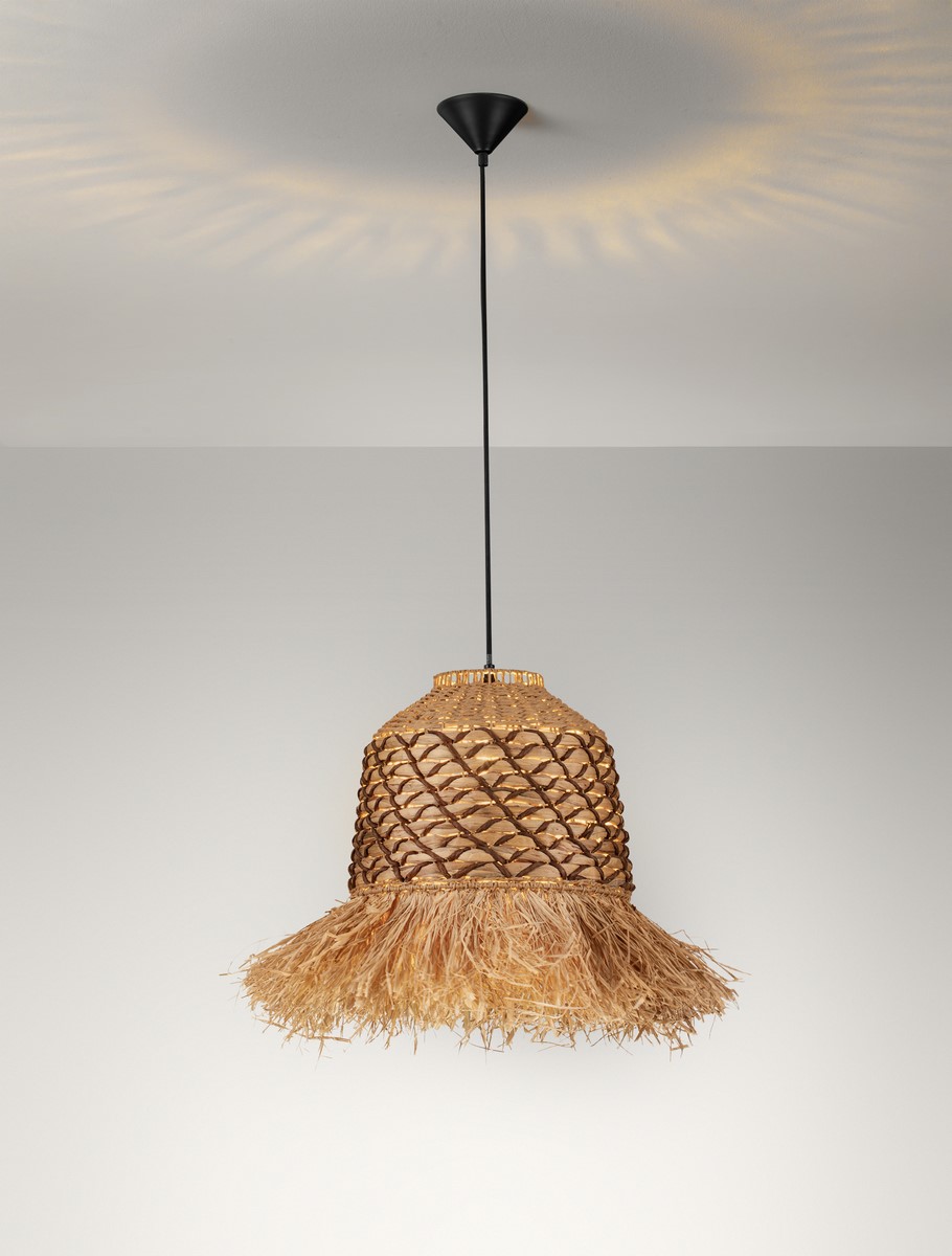 Boho ΚΡΕΜΑΣΤΟ ΦΩΤΙΣΤΙΚΟ Natural Water Hyacinth & Raffia Natural & Brown Rope Sandy Black Steel Base