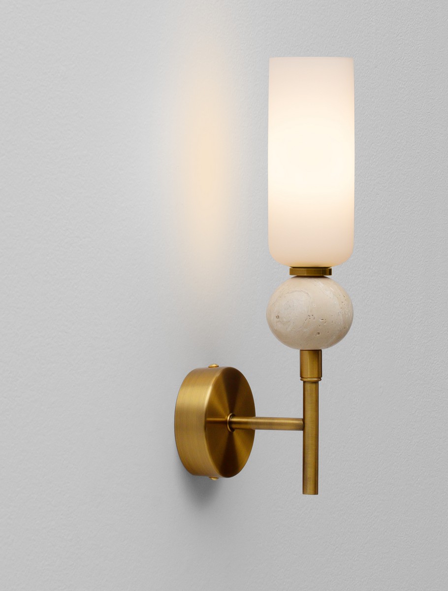 ΑΠΛΙΚΑ ΤΟΙΧΟΥ  Stone Travertine & Opal Glass Glossy Brushed Gold Metal Base