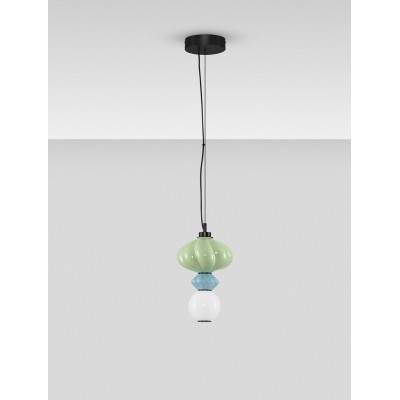 ΚΡΕΜΑΣΤΟ ΜΟΝΟΦΩΤΟ Matt Black Metal Base Sage Green & Blue Ceramic & Opal Glass