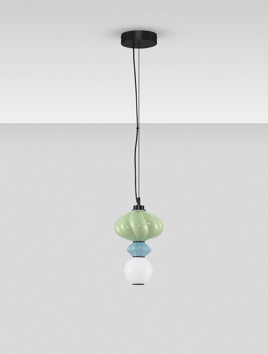 ΚΡΕΜΑΣΤΟ ΜΟΝΟΦΩΤΟ Matt Black Metal Base Sage Green & Blue Ceramic & Opal Glass