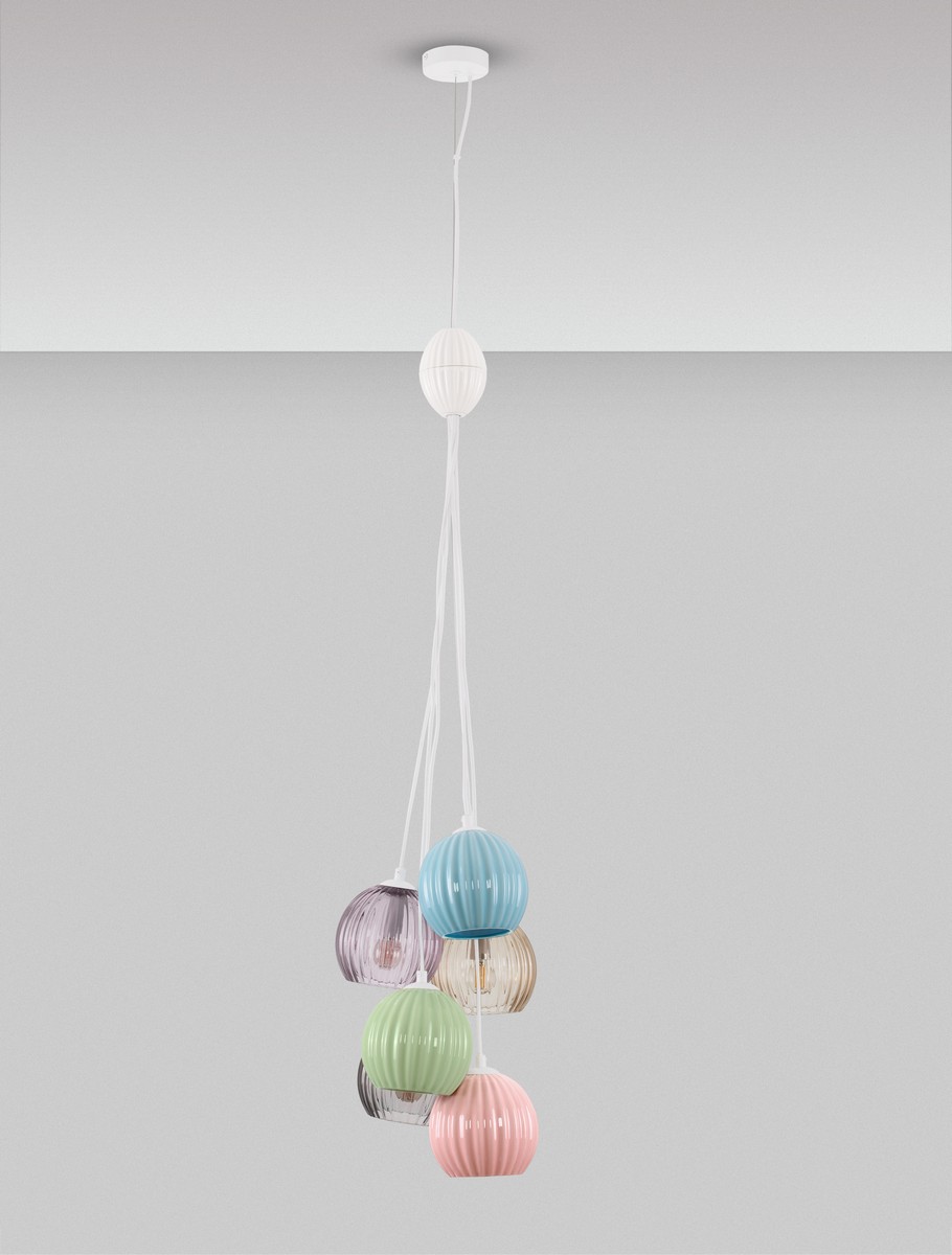 ΚΡΕΜΑΣΤΟ ΦΩΤΙΣΤΙΚΟ Matt White Metal Base Sage Blue, Pink & Green Ceramic Moca, Purple & Yellow Glass LED