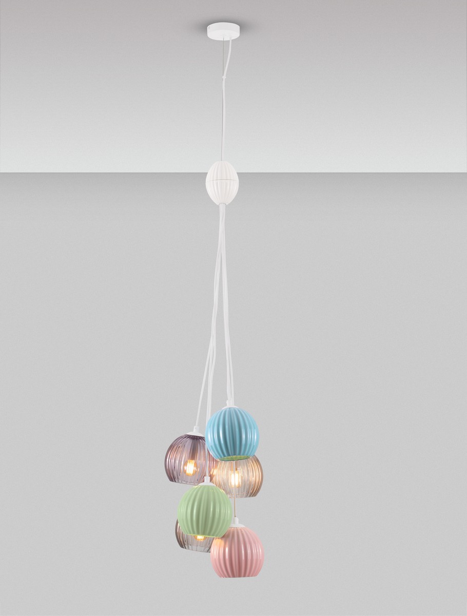 ΚΡΕΜΑΣΤΟ ΦΩΤΙΣΤΙΚΟ Matt White Metal Base Sage Blue, Pink & Green Ceramic Moca, Purple & Yellow Glass LED