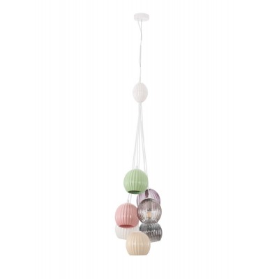 ΚΡΕΜΑΣΤΟ ΦΩΤΙΣΤΙΚΟ Matt White Metal Base Sage Green,Yellow,Pink & White Ceramic Moca, Smokey Gray & Purple Glass