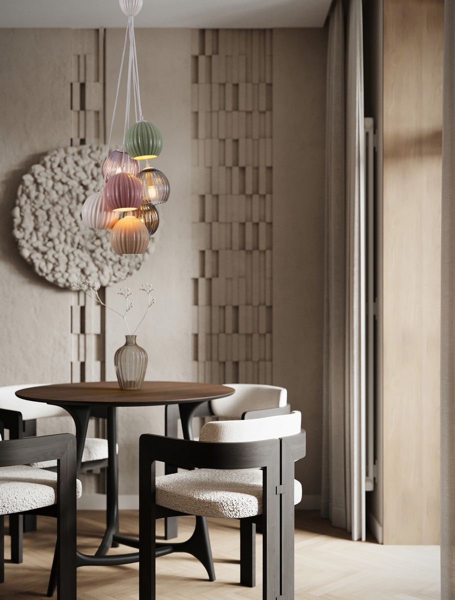 ΚΡΕΜΑΣΤΟ ΦΩΤΙΣΤΙΚΟ Matt White Metal Base Sage Green,Yellow,Pink & White Ceramic Moca, Smokey Gray & Purple Glass