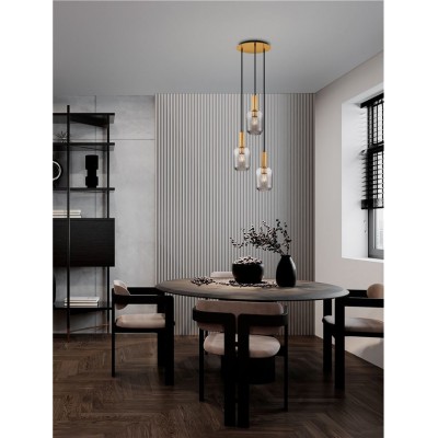 ΚΡΕΜΑΣΤΟ 3ΦΩΤΟ  Brass Gold Metal Base ΜΕ Smokey Glass