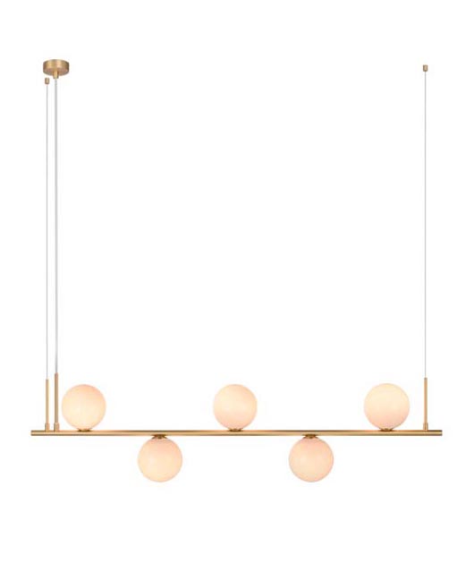 5-BULB MATTE GOLD SUSPENDED RACK WITH OPAL GLASS ORBS L:115cm