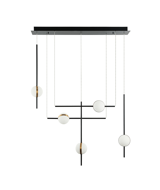 LED COMPOSITION OF SUSPENDED RACKS WITH OPAL ORBS AND GOLD BAND DETAILS L:105cm H:200cm