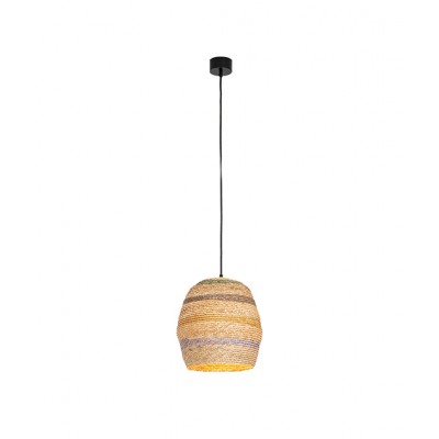 SINGLE LIGHT PENDANT MADE  FROM WOVEN WHEAT IN ITS NATURAL SHADE WITH COLORFUL DETAILS