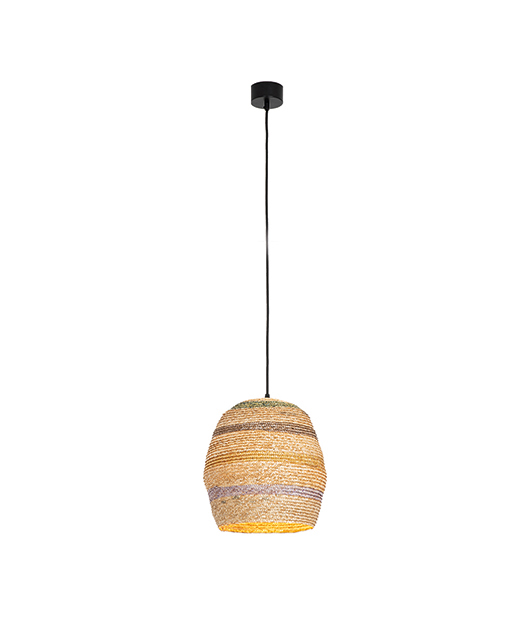 SINGLE LIGHT PENDANT MADE  FROM WOVEN WHEAT IN ITS NATURAL SHADE WITH COLORFUL DETAILS