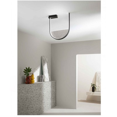 U SHAPED CEILING MOUNTED FIXTURE BLACK METAL-SMOKY FROSTED GLASS 55cm MADE IN ITALY