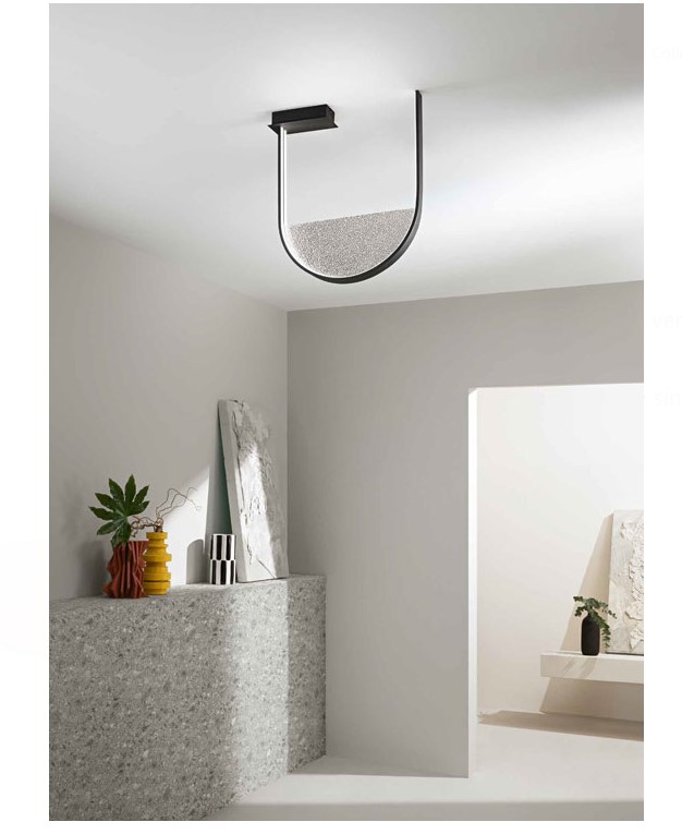 U SHAPED CEILING MOUNTED FIXTURE BLACK METAL-SMOKY FROSTED GLASS 55cm MADE IN ITALY