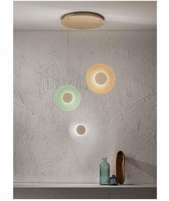 TRIPLE LED PENDANT COLORFUL GRIT GLASS DISCS Ø45cm ITALY