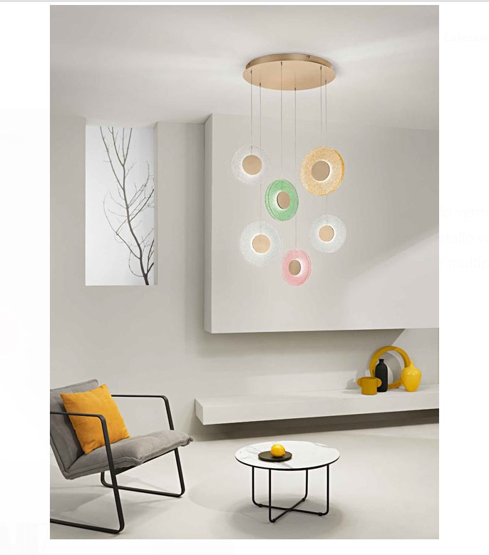 6-PENDANT LED FIXTURE COLORFUL GRIT GLASS DISCS Ø60cm ITALY