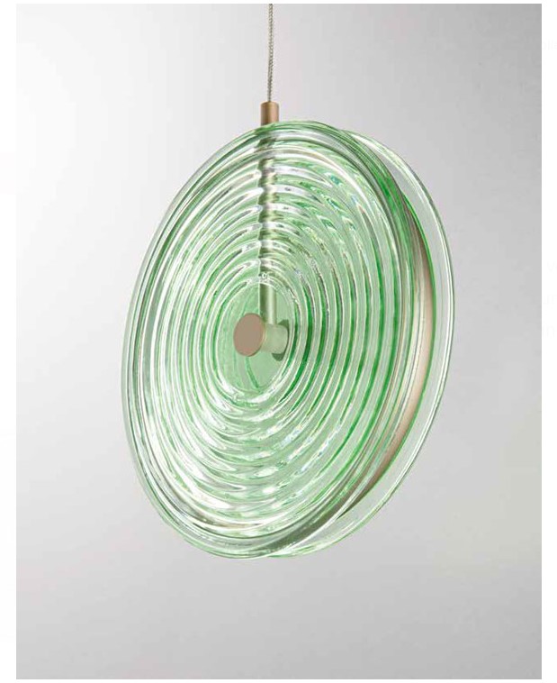 COLORD GLASS DISC PENDANT Ø30cm WITH EMBOSSED CIRCLES AND GOLD METAL FRAME, ITALY