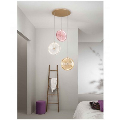TRIPLE LED PENDANT FIXTURE, COLORED GLASS WITH EMBOSSED CIRCLES, ITALY