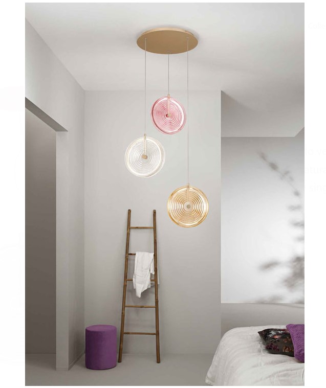 TRIPLE LED PENDANT FIXTURE, COLORED GLASS WITH EMBOSSED CIRCLES, ITALY
