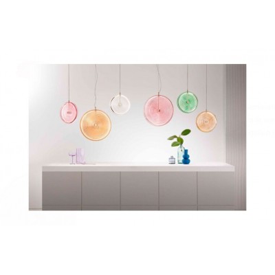 COLORD GLASS DISC PENDANT Ø30cm WITH EMBOSSED CIRCLES AND GOLD METAL FRAME, ITALY