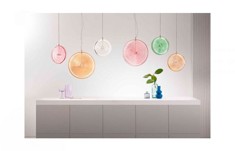 COLORD GLASS DISC PENDANT Ø30cm WITH EMBOSSED CIRCLES AND GOLD METAL FRAME, ITALY