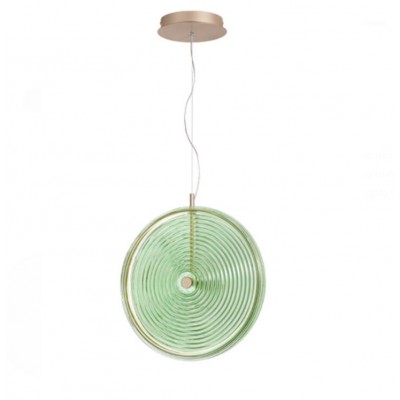 COLORD GLASS DISC PENDANT Ø45cm WITH EMBOSSED CIRCLES AND GOLD METAL FRAME, ITALY