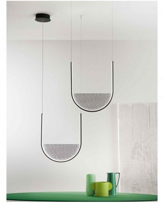 U SHAPED LED PENDANT BLACK METAL-SMOKY FROSTED GLASS 44cm MADE IN ITALY 