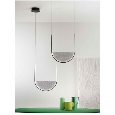 U SHAPED LED PENDANT BLACK METAL-SMOKY FROSTED GLASS 44cm MADE IN ITALY 