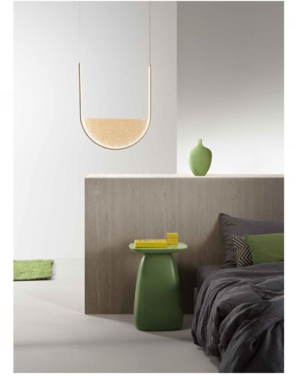 U SHAPED LED PENDANT GOLD METAL-AMBER FROSTED GLASS 44cm MADE IN ITALY 