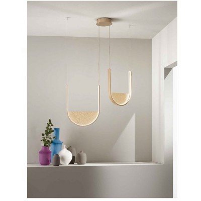 2LIGHT U-SHAPED PENDANT FIXTURE GOLD METAL-AMBER FROSTED GLASS 90cm MADE IN ITALY