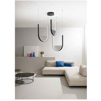 3LIGHT LED U SHAPED PENDANT FIXTURE BLACK METAL-SMOKY FROSTED GLASS 90cm MADE IN ITALY