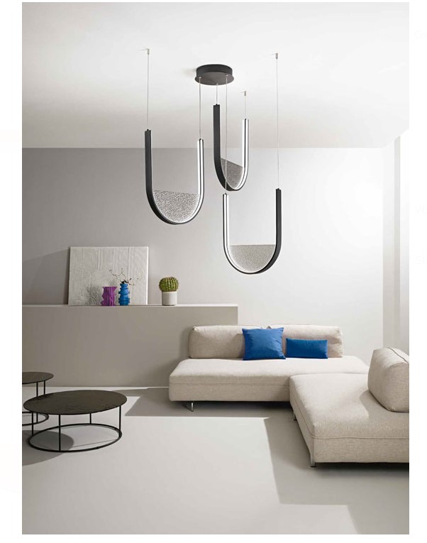 3LIGHT LED U SHAPED PENDANT FIXTURE BLACK METAL-SMOKY FROSTED GLASS 90cm MADE IN ITALY