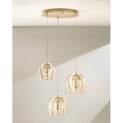 3-LIGHT GOLD SUSPENDED LED RING FIXTURE WITH AMBER GLASS Ø35cm ITALY