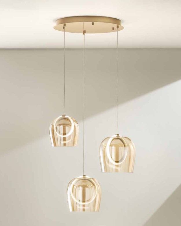 3-LIGHT GOLD SUSPENDED LED RING FIXTURE WITH AMBER GLASS Ø35cm ITALY