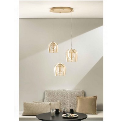 3-LIGHT GOLD SUSPENDED LED RING FIXTURE WITH AMBER GLASS Ø35cm ITALY