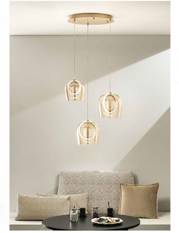 3-LIGHT GOLD SUSPENDED LED RING FIXTURE WITH AMBER GLASS Ø35cm ITALY