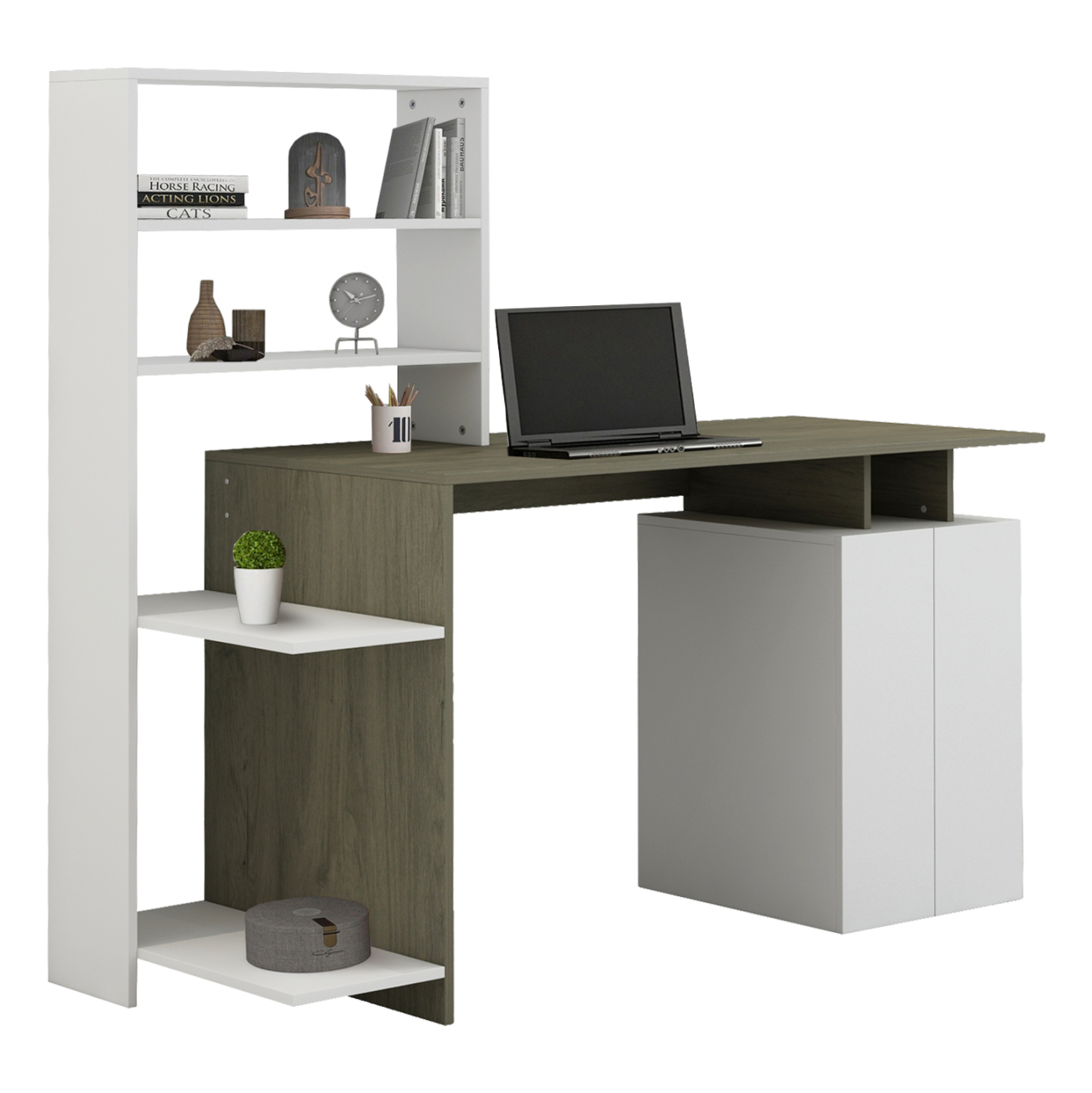 ΓΡΑΦΕΙΟ ΜΕ ΒΙΒΛΙΟΘΗΚΗ ΜΕΛΑΜΙΝΗ OLIVE GREY ΛΕΥΚΟ 146,3x55x128,8Υεκ.FB98886.11
