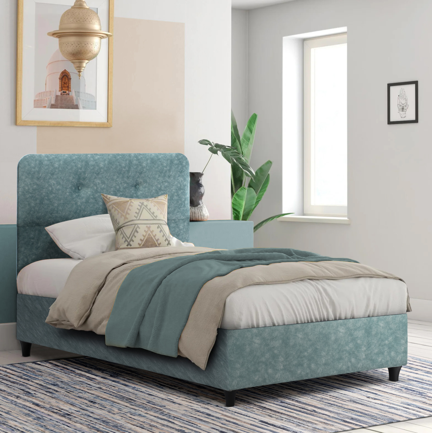 FB9648.27 ΚΡΕΒΑΤΙ, LIGHT GREEN NUBUCK-type fabric, 120x200 εκ.