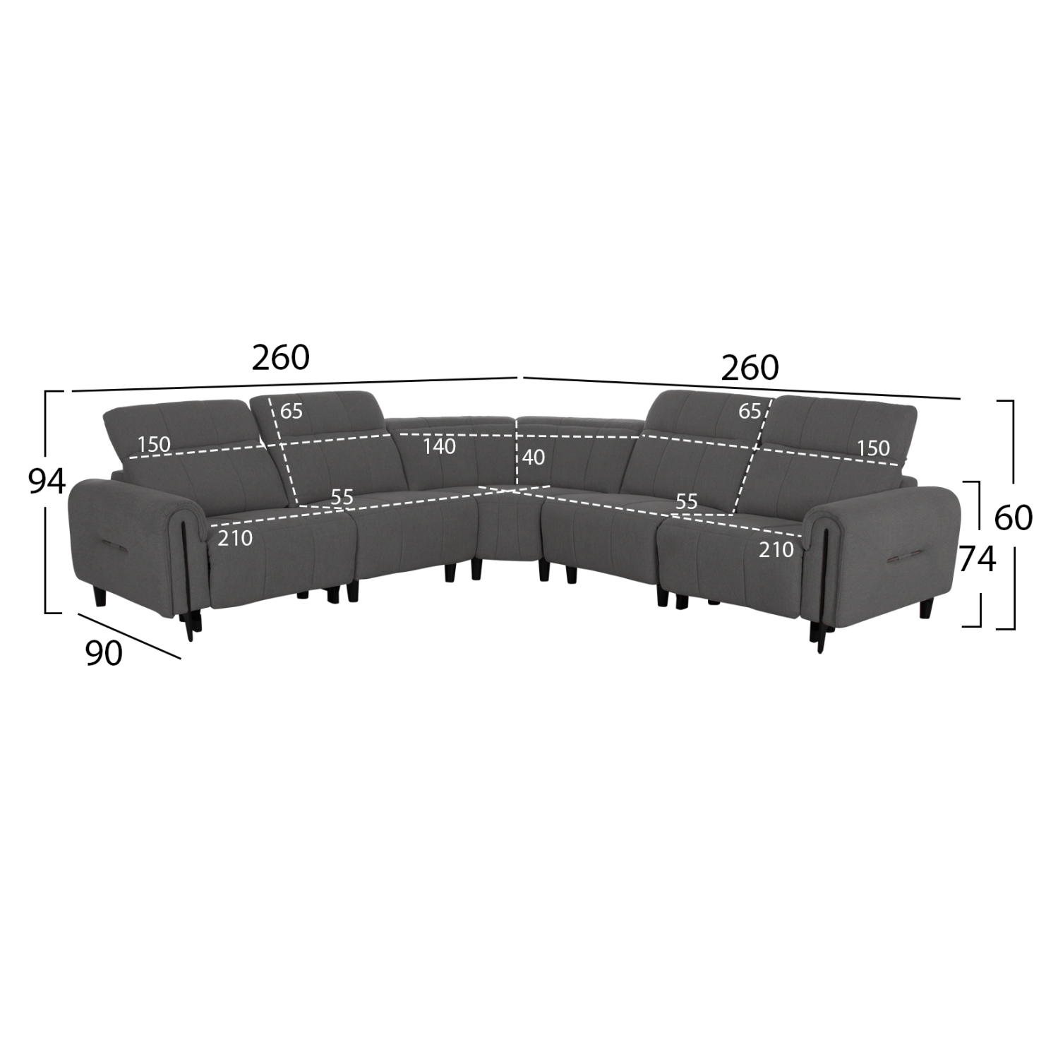 ΓΩΝΙΑΚΟΣ ΚΑΝΑΠΕΣ ΜΕ RECLINE FB93290.01 ΓΚΡΙ ΥΦΑΣΜΑ 260x260x90(κάθισμα)x94Υεκ.
