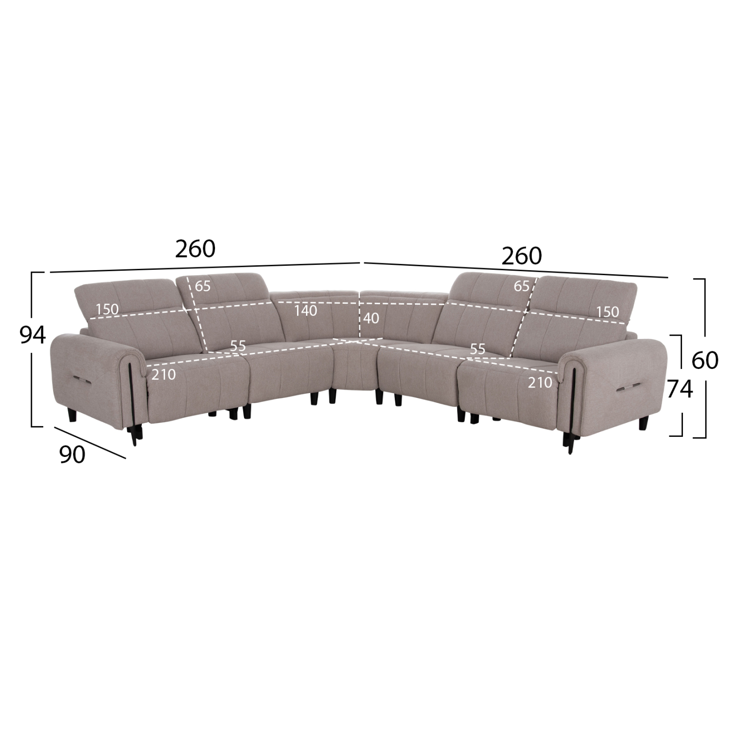 ΓΩΝΙΑΚΟΣ ΚΑΝΑΠΕΣ ΜΕ RECLINE FB93290.02 ΜΠΕΖ ΥΦΑΣΜΑ 260x260x90(κάθισμα)x94Υεκ.