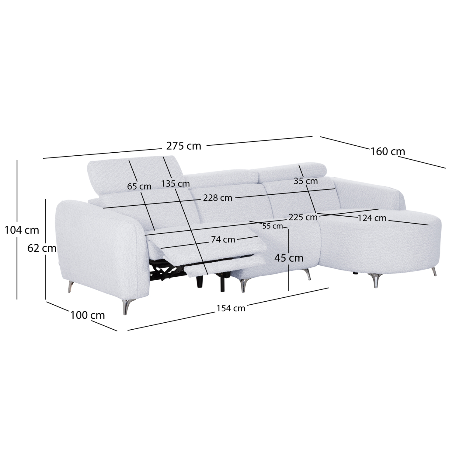 ΚΑΝΑΠΕΣ ΔΕΞΙΑ ΓΩΝΙΑ 3Θ ΜΕ RECLINE FB93317.01R ΑΝΟΙΧΤΟ ΓΚΡΙ ΥΦΑΣΜΑ 275x160x104Yεκ