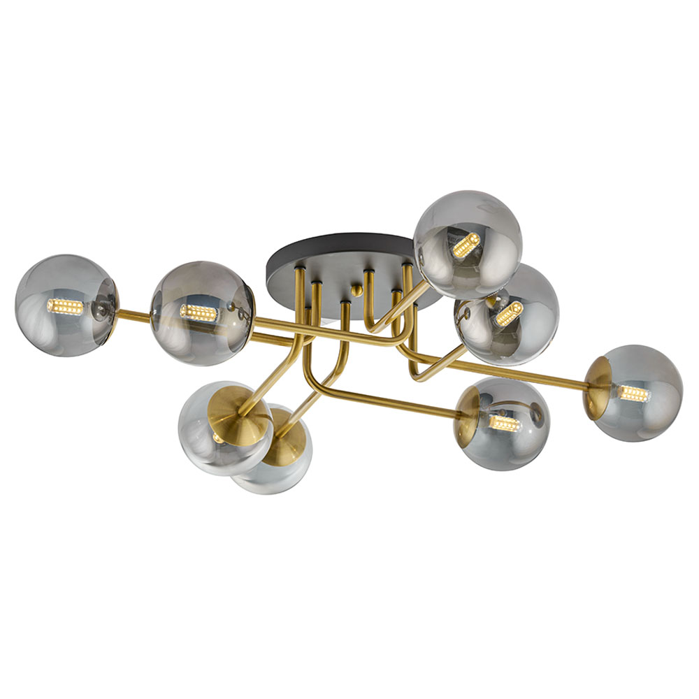 GOLDEN 6-BULB CEILING FIXTURE WITH SMOKED GLASS ORBS D:845mm H:185mm