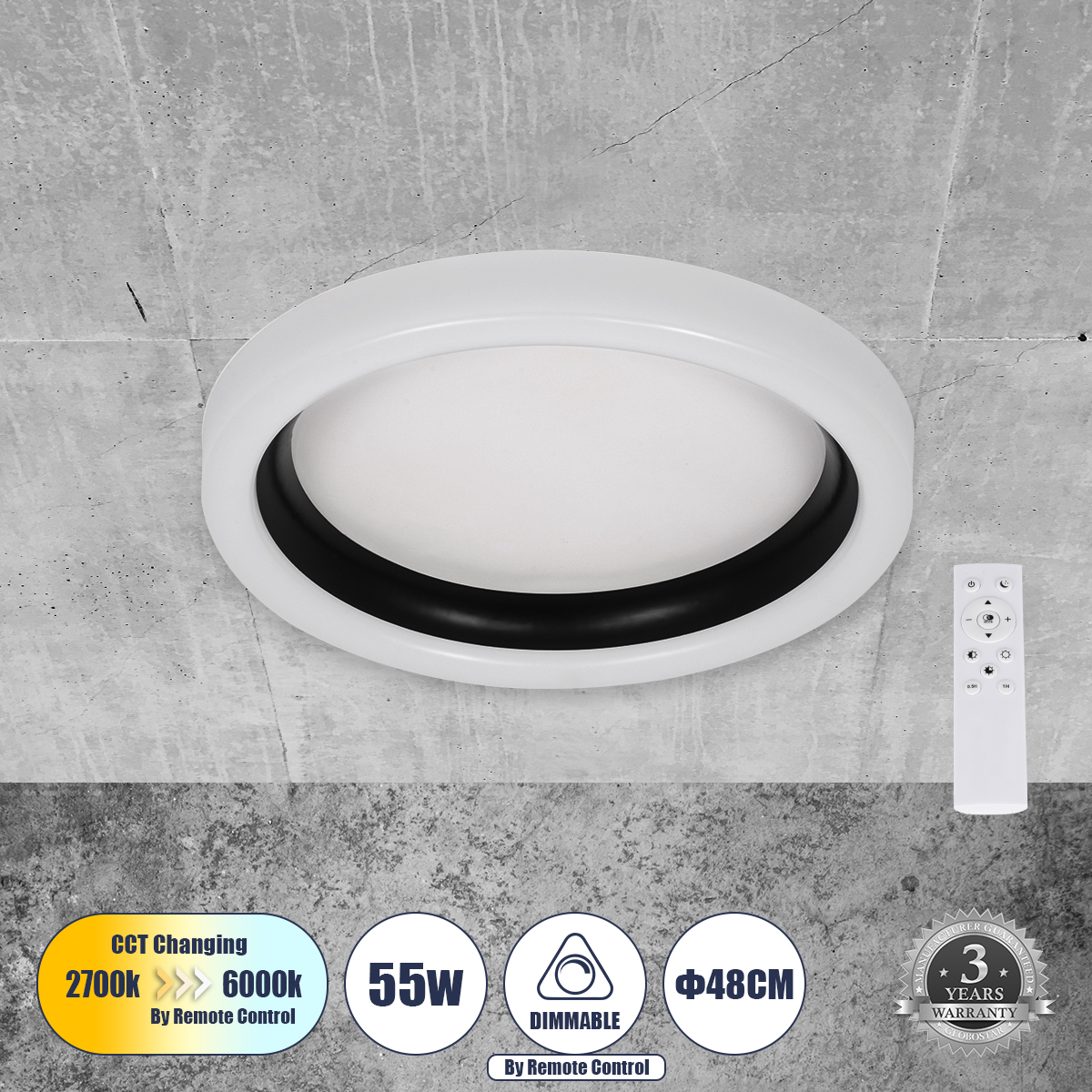 Μοντέρνο Φωτιστικό Οροφής LED 55W 6376lm 120° AC 220-240V IP20 Ρυθμιζόμενο Λευκό CCT με Χειριστήριο από 2700K έως 6000K Dimmable - Lumileds SMD Chip - Λευκό Ματ & Μαύρο Ματ - Μ48 x Π48 x Υ9cm - 3 Χρόνια Εγγύηση