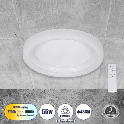 Μοντέρνο Φωτιστικό Οροφής LED 55W 6376lm 120° AC 220-240V IP20 Ρυθμιζόμενο Λευκό CCT με Χειριστήριο από 2700K έως 6000K Dimmable - Lumileds SMD Chip - Λευκό Ματ - Μ48 x Π48 x Υ9cm - 3 Χρόνια Εγγύηση
