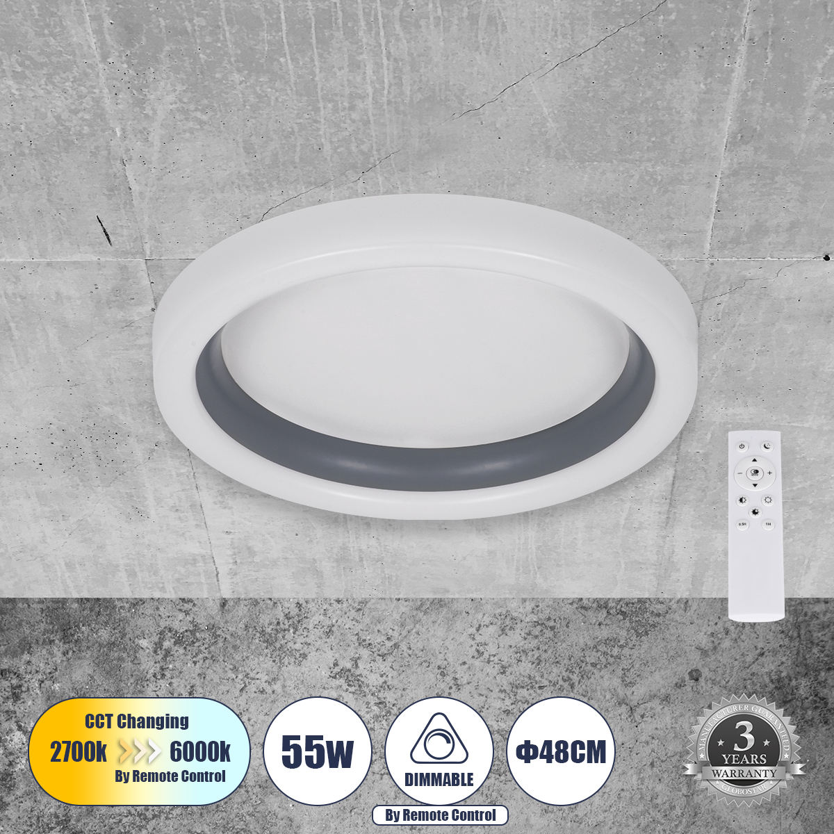 Μοντέρνο Φωτιστικό Οροφής LED 55W 6376lm 120° AC 220-240V IP20 Ρυθμιζόμενο Λευκό CCT με Χειριστήριο από 2700K έως 6000K Dimmable - Lumileds SMD Chip - Γκρι - Μ48 x Π48 x Υ9cm - 3 Χρόνια Εγγύηση