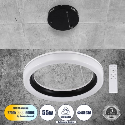 Μοντέρνο Κρεμαστό Φωτιστικό Οροφής LED 55W 6376lm 120° AC 220-240V IP20 Ρυθμιζόμενο Λευκό CCT με Χειριστήριο από 2700K έως 6000K Dimmable - Lumileds SMD Chip - Μαυρό Ματ - Μ48 x Π48 x Υ6.5cm - 3 Χρόνια Εγγύηση