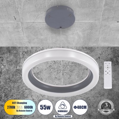 Μοντέρνο Κρεμαστό Φωτιστικό Οροφής LED 55W 6376lm 120° AC 220-240V IP20 Ρυθμιζόμενο Λευκό CCT με Χειριστήριο από 2700K έως 6000K Dimmable - Lumileds SMD Chip - Γκρι - Μ48 x Π48 x Υ6.5cm - 3 Χρόνια Εγγύηση