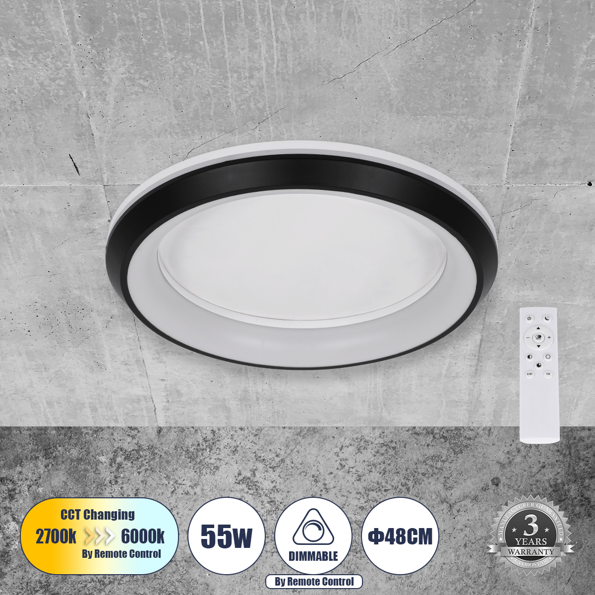 Μοντέρνο Φωτιστικό Οροφής LED 55W 6376lm 120° AC 220-240V IP20 Ρυθμιζόμενο Λευκό CCT με Χειριστήριο από 2700K έως 6000K Dimmable - Lumileds SMD Chip - Μαύρο Ματ - Μ48 x Π48 x Υ9cm - 3 Χρόνια Εγγύηση