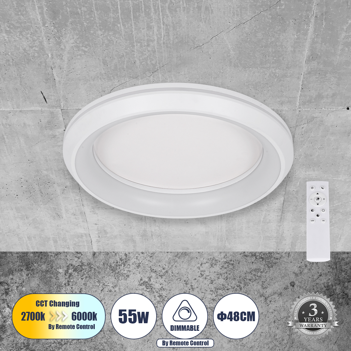 Μοντέρνο Φωτιστικό Οροφής LED 55W 6376lm 120° AC 220-240V IP20 Ρυθμιζόμενο Λευκό CCT με Χειριστήριο από 2700K έως 6000K Dimmable - Lumileds SMD Chip - Λευκό Ματ - Μ48 x Π48 x Υ9cm - 3 Χρόνια Εγγύηση