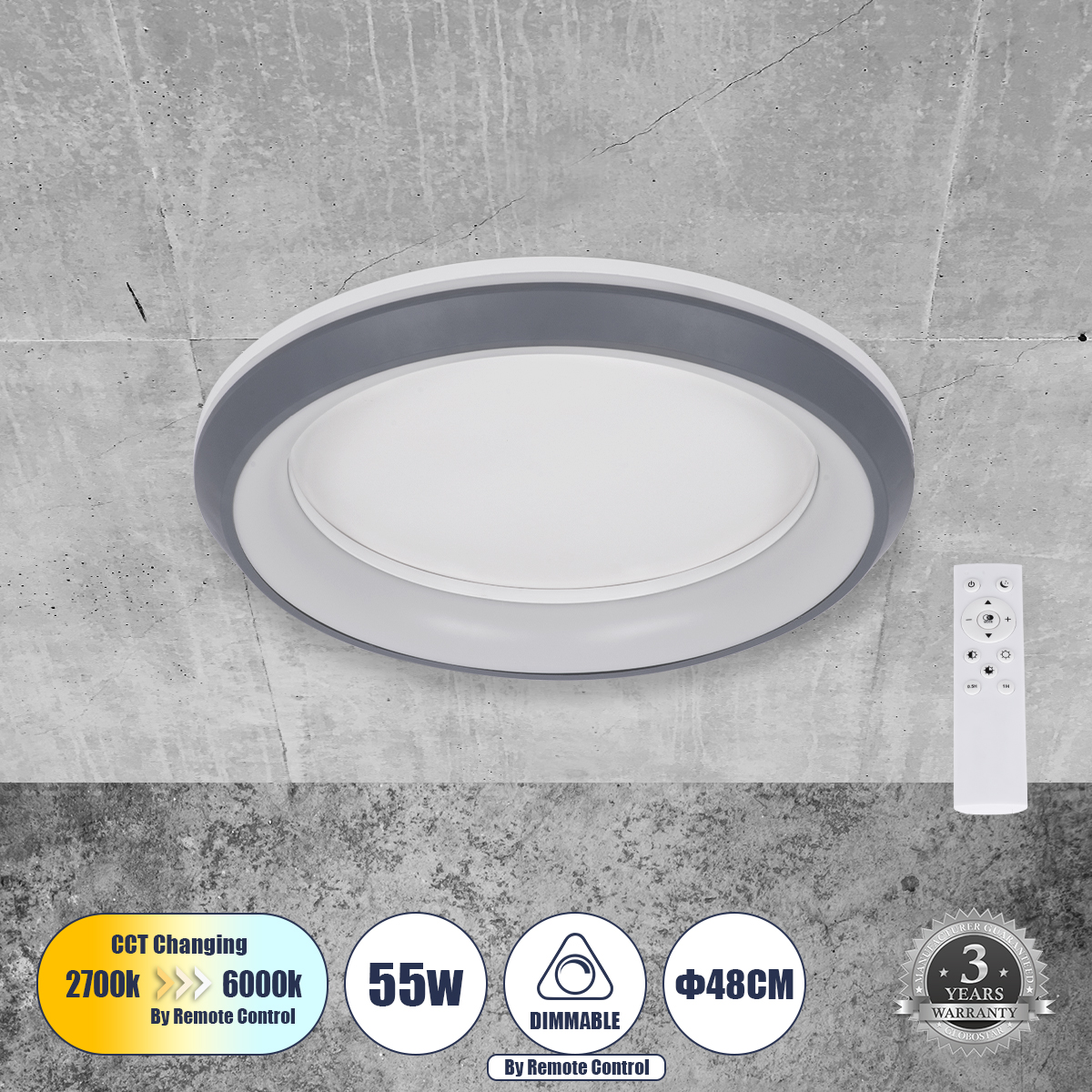 Μοντέρνο Φωτιστικό Οροφής LED 55W 6376lm 120° AC 220-240V IP20 Ρυθμιζόμενο Λευκό CCT με Χειριστήριο από 2700K έως 6000K Dimmable - Lumileds SMD Chip - Γκρι - Μ48 x Π48 x Υ9cm - 3 Χρόνια Εγγύηση