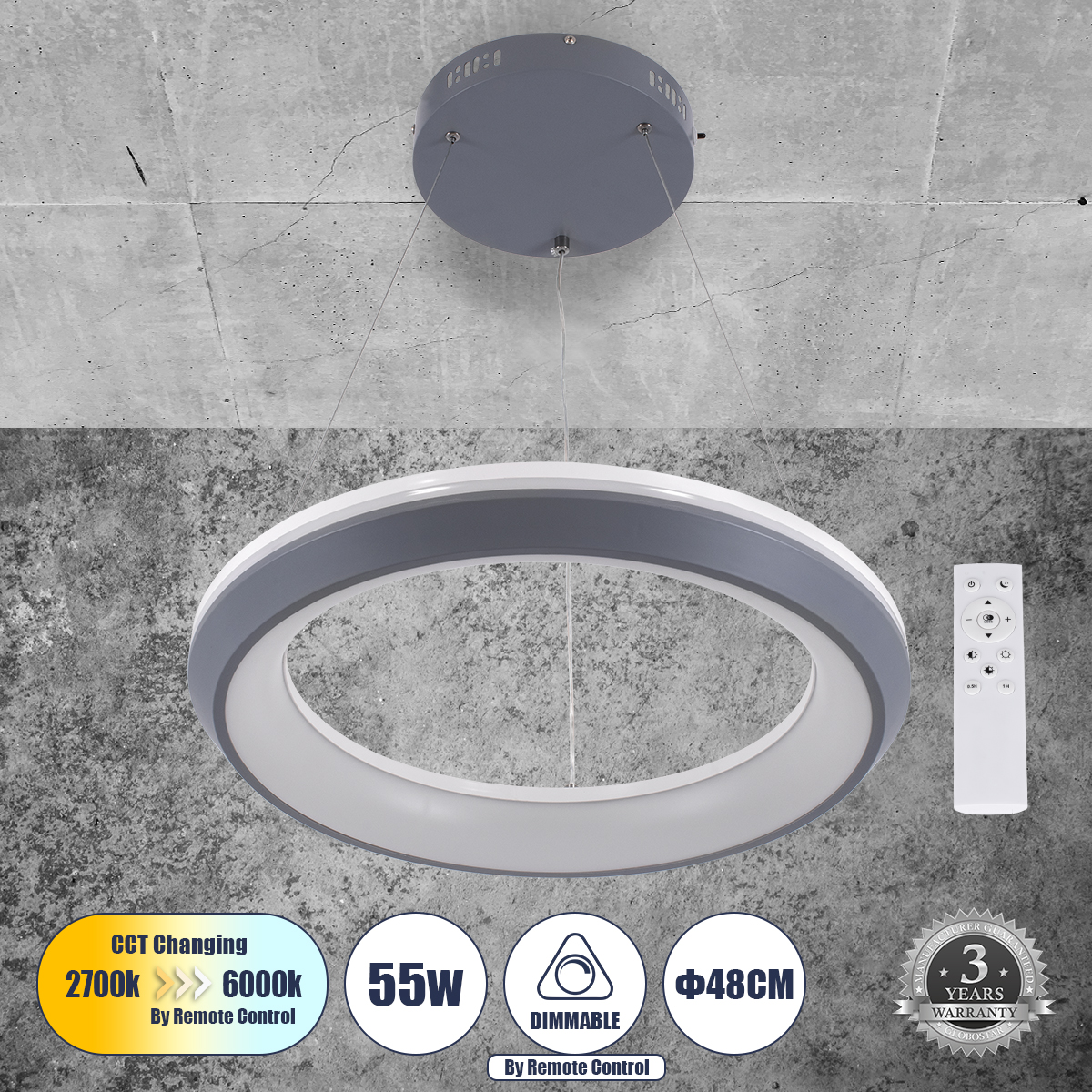 Μοντέρνο Κρεμαστό Φωτιστικό Οροφής LED 55W 6376lm 120° AC 220-240V IP20 Ρυθμιζόμενο Λευκό CCT με Χειριστήριο από 2700K έως 6000K Dimmable - Lumileds SMD Chip - Γκρι & Λευκό - Μ48 x Π48 x Υ6.5cm - 3 Χρόνια Εγγύηση