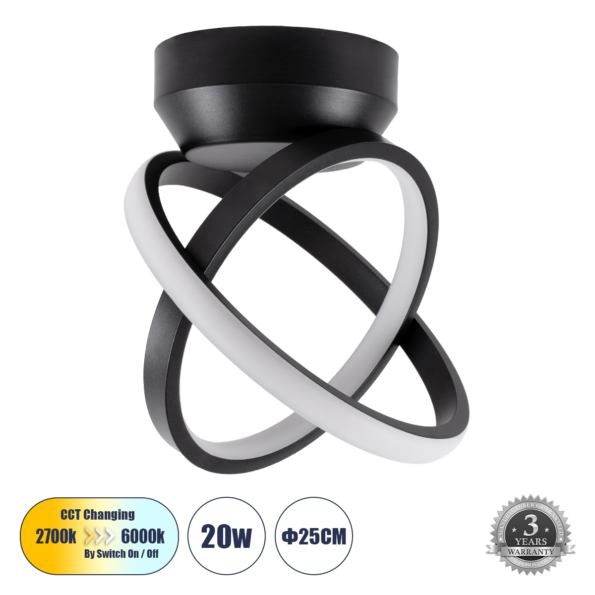 Μοντέρνο Φωτιστικό Οροφής LED 20W 2400lm 300° AC 220-240V IP20 Ρυθμιζόμενο Λευκό CCT με On/Off 2700K/4500K/6000K - Lumileds SMD Chip - Μαύρο Ματ - Μ24.5 x Π16 x Υ25cm - 3 Χρόνια Εγγύηση