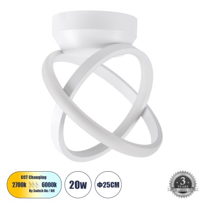 Μοντέρνο Φωτιστικό Οροφής LED 20W 2400lm 300° AC 220-240V IP20 Ρυθμιζόμενο Λευκό CCT με On/Off 2700K/4500K/6000K - Lumileds SMD Chip - Λευκό Ματ - Μ24.5 x Π16 x Υ25cm - 3 Χρόνια Εγγύηση